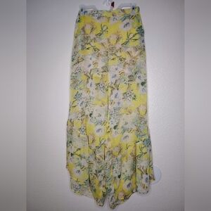 L Love Women's Yellow Floral Print Elastic Waist Wide Leg Flare Mesh Pants Sz S